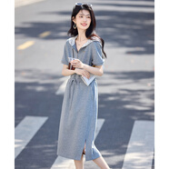尚靜連衣裙女夏季新款女裝設(shè)計(jì)感蕾絲拼接連帽中長(zhǎng)款收腰短袖衛(wèi)衣裙女