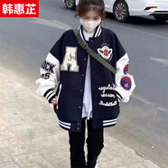 韓惠芷美式復(fù)古棒球服外套女2025春秋加絨學(xué)生寬松連帽百搭刺繡夾克女 A29藏青色春秋款 S 【建議70-80斤】