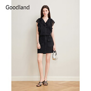音兒（YINER）Goodland美地女裝2025夏季新款法式歐根泡泡紗v領(lǐng)荷葉邊短袖上衣 黑色 XL