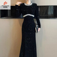 范哲狼（FANZELANG）歐洲站黑色連衣裙女春季重工鑲鉆宴會(huì )禮服輕奢感修魚(yú)尾長(cháng)裙 黑色 M 建議96-105斤