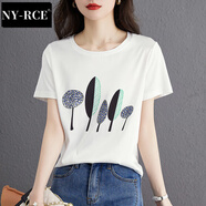 NY-RCE短袖t恤女夏季2025新款短款上衣百搭潮流印花減齡小白t恤 葉子 3XL 140-150斤