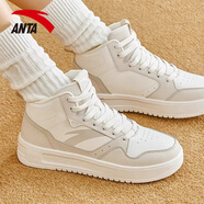 anta kids安踏女鞋春季新款皮面防水休閑鞋學(xué)生輕便軟底高幫板鞋女款運動(dòng)鞋 -6象牙白/泥沙灰 35.5