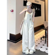 T 天啟世紀(jì)洋氣高級感復(fù)古吊帶牛仔連體褲女夏季減齡休閑工裝闊腿褲拖地長褲 米卡其色 M 【建議100-115斤】