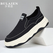 步萊恩（BULAIEN）夏季新款布鞋男士休閑鞋子厚底一腳蹬帆布鞋懶人鞋輕便透氣樂(lè)福鞋 黑色 1 38 皮鞋碼