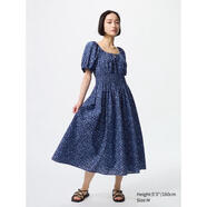 優(yōu)衣庫（UNIQLO）女裝短袖抽褶連身裙 時尚簡約氣質(zhì)優(yōu)雅夏季 藍色 均碼 |S