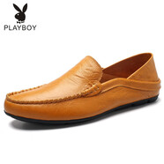 花花公子（PLAYBOY PHYSICAL）夏季2024新款豆豆鞋男士真皮休閑皮鞋男鞋透氣韓版軟底懶人鞋子 20138黃棕色 37  標準皮鞋碼