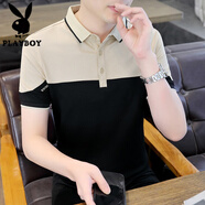 花花公子（PLAYBOY）男士短袖T恤polo領(lǐng)韓版拼色翻領(lǐng)t恤冰絲上衣純潮流棉體恤半袖衫 9280黑色 XL 125斤左右