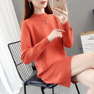 FHHUABD加絨/不加絨毛衣女中長(zhǎng)款寬松套頭秋冬季韓版純色百搭針織打底衫 橘色 L  建議105-115斤