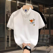 倉石一樹潮牌歐洲站短袖polo衫男士夏季商務花卉蝴蝶印花休閑翻領國潮t恤 白色 XL 120-140斤