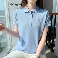 BCMDM香港潮牌純棉T恤女 2025夏季新款薄款修身休閑工裝職業(yè)短袖polo衫 霧氣藍色 S