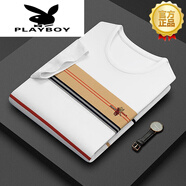 花花公子（PLAYBOY）高端品牌T恤男士棉質(zhì)短袖刺繡條紋寬松圓領(lǐng)夏衫大碼休閑棉質(zhì)上衣 白色 2167/ M 170/48碼