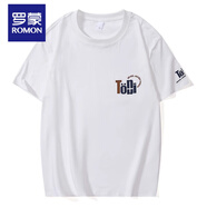 羅蒙高端簡約百搭刺繡短袖t恤男重磅純棉圓領(lǐng)五分袖夏季寬松半袖體恤T 白色 XL