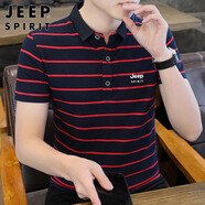 JEEP SPIRIT吉普短袖男夏季條紋t恤男士POLO打底衫商務(wù)上衣男 寶蘭/大紅 XL