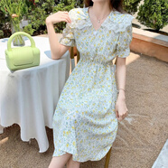 憶思減夏季高端復古森系蕾絲拼接娃娃領(lǐng)雪紡碎花連衣裙長(cháng)款收腰長(cháng)裙子女 白底小黃花【雪紡面料】 2XL 【建議126-145斤】