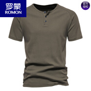 羅蒙（ROMON）歐美簡約亨利領短袖T恤男復古純棉運動健身打底衫個性彈力體恤潮 軍綠色 M 【90-115斤】