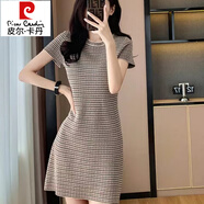 皮爾卡丹（pierre cardin）港風(fēng)復古格紋短袖連衣裙夏季新款收腰顯瘦感中長(cháng)款裙子女士 圖片色 M