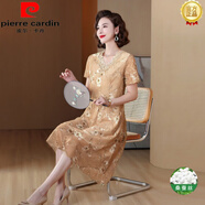 皮爾卡丹（pierre cardin）高端大牌真絲桑蠶絲連衣裙貴夫人2025夏季新款中年媽媽遮肚鑲鉆碎 卡其 XL