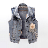 索宛亦（SUOWANYI）2023新款韓版鑲鉆花朵牛仔馬甲女短款無(wú)袖背心外套百搭上衣坎肩潮 淺藍色 L 建議95-115左右