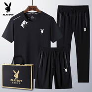 花花公子（PLAYBOY）2025新款冰絲短袖t恤男士夏季爸爸夏裝套裝中老年40-60歲 508款-黑色【三件套】 L 穿90-110斤