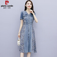 皮爾卡丹（pierre cardin）2025年夏季新款牛仔連衣裙女小個子收腰顯瘦雪紡拼接碎花氣質(zhì)長裙 圖片 2XL