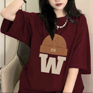 SXA香港潮牌短袖T恤女2025夏季新款純棉T恤女圓領(lǐng)印花半袖寬松顯瘦上 酒紅色落肩 L (125-140斤)