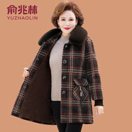 俞兆林（YUZHAOLIN）媽媽冬裝外套格子毛呢大衣中老年女洋氣中長款加厚保暖水貂絨棉衣 紅格 XL 參考90-105斤