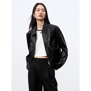 太平鳥女裝短外套PU皮衣女秋裝時尚高級感翻領(lǐng)曠野美拉德 黑色2 S 