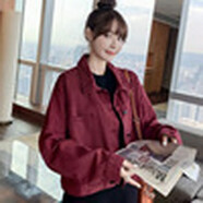 智兜兜小個(gè)子紅色工裝夾克牛仔外套女開(kāi)衫韓版上衣女歐洲站秋裝2024新款 酒紅色 均碼 s