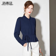 海青藍2025春裝法式寬松長(cháng)袖襯衫女氣質(zhì)小立領(lǐng)時(shí)尚通勤設計感系帶襯衣 藍色 S
