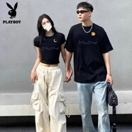 花花公子（PLAYBOY）不一樣的情侶裝夏季一長一短2025新款超火氣質(zhì)輕奢棉質(zhì)短袖t恤 （1長1短）男黑長+女黑短 M 男+女S