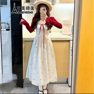 艾美琦美（AIMEIQIMEI）松風(fēng)茶韻2025新款夏季甜美連衣裙套裝小個子紅色開衫裙子女夏天 長裙 L