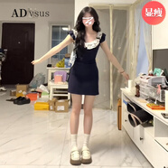 ADVSUS法式小飛袖收腰a字裙藍(lán)色連衣裙辣妹包臀裙夏季新款 【藏藍(lán)色】【法式掐腰/開春氣質(zhì) L 55/60kg