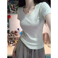 韋戒女士短袖高檔女時(shí)尚一點(diǎn)設計感小眾正肩T恤夏辣妹短款高腰修身顯 花灰色【優(yōu)質(zhì)100%】 M  【建議100斤內】