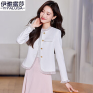 伊雅露莎休閑小西裝外套女百搭小香風花邊領通勤長袖西服上衣修身顯瘦8930 白色西裝 S