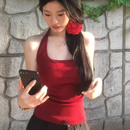 多想余掛脖吊帶背心女純欲風(fēng)上衣辣妹海邊穿搭可外穿無袖性感洋氣紅色 紅色掛脖背心 M 【建議85-110斤】