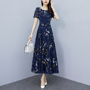 乘姚裙子冰絲連衣裙碎花冰絲連衣裙女夏季大碼氣質(zhì)媽媽裝減齡收腰顯瘦 313藍(lán)花【單件連衣裙】  L 100-115斤