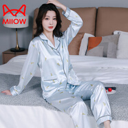 貓人（MiiOW）睡衣家居服長(zhǎng)袖絲綢春秋開衫寬松薄款冰感女士夏天兩件套舒適時(shí)尚 SCX蔚藍(lán)冰淇淋--雙長(zhǎng) M （85-斤）