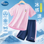 迪士尼女童短袖套裝兒童速干衣冰絲短袖t恤運(yùn)動(dòng)套裝女孩TD2ET004 粉140