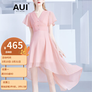 AUI雪紡連衣裙女2024夏新款V領(lǐng)荷葉袖收腰氣質(zhì)法式粉色中長(zhǎng)大擺裙 粉色 M