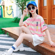 藍(lán)貝妮童裝女童夏裝2025新款洋氣兒童運(yùn)動套裝夏季女孩衣服短袖大童女裝 粉色短褲款 160 碼建議身高150cm