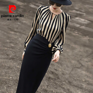皮爾卡丹（pierre cardin）法式氣質(zhì)條紋假兩件拼接長(cháng)袖顯瘦包臀連衣裙春秋2025新款時(shí)尚裙子 黑色 2XL 130-145斤