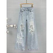 布舒瑤藍色破洞帶鉆重工牛仔褲女春季新款歐洲站時(shí)尚氣質(zhì)設計感直筒褲子 淺藍色 /送腰帶【原版品質(zhì)】 XL 建議118-130斤