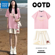 真維斯（JEANSWEST）短袖短褲休閑運動(dòng)套裝女生夏季2025新款寬松純棉夏天小個(gè)子一整套 粉紅 海洋天堂+米色 莓果熊_K L