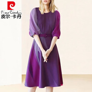皮爾卡丹（pierre cardin）歐美名媛赫本簡約優(yōu)雅連衣裙2025夏季新款V領(lǐng)五分袖收腰顯瘦A字裙 紫色印花 L