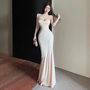 裳廂記法式名媛輕熟風(fēng)蕾絲拼接魚(yú)尾吊帶長(cháng)裙小心機露背修身裹胸連衣裙女 S