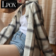 LPOX高含棉時(shí)尚顯瘦襯衫女港味小清新BF大格子襯衣上衣女學(xué)生外套春秋 201白色 S (建議95以下)