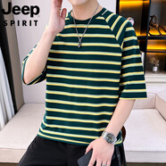 JEEP SPIRIT吉普條紋七分袖T恤男夏季新款圓領(lǐng)純棉五分袖上衣青年薄款中袖 2201墨綠色 L