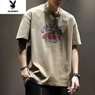 花花公子2023夏季新款短袖t恤男寬松潮牌設計感半袖大碼體恤復古 卡其色 M _[建議80-100斤]