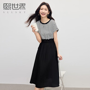 熙世界（sllsky）休閑條紋短袖拼接連衣裙女裝假兩件收腰顯瘦裙子2025秋裝新款 摩登黑 2XL