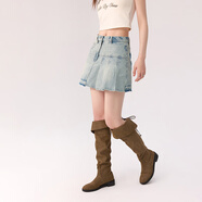CHUU字母刺繡毛邊牛仔半身裙女2025夏季新品不規則拼接公主短裙子 淺牛仔藍 （有內襯） M